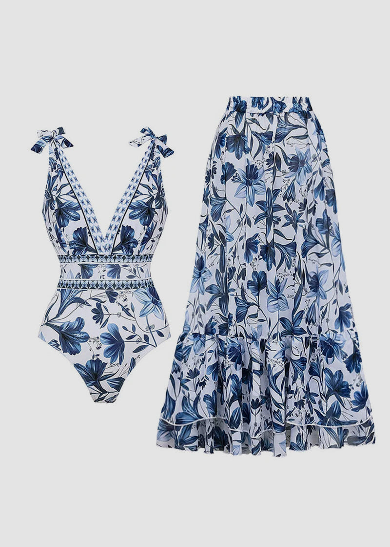 V Neck Lace Up Printed One Piece Swimsuit and Skirt - Seldom Seen Styles
