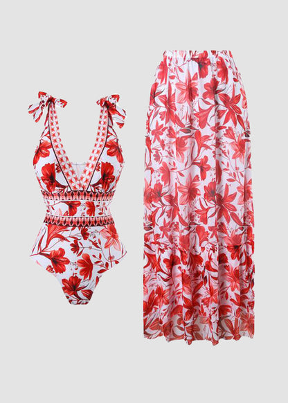 Maillot de Bain Une Pièce Imprimé à Col V et à Lacets avec Jupe