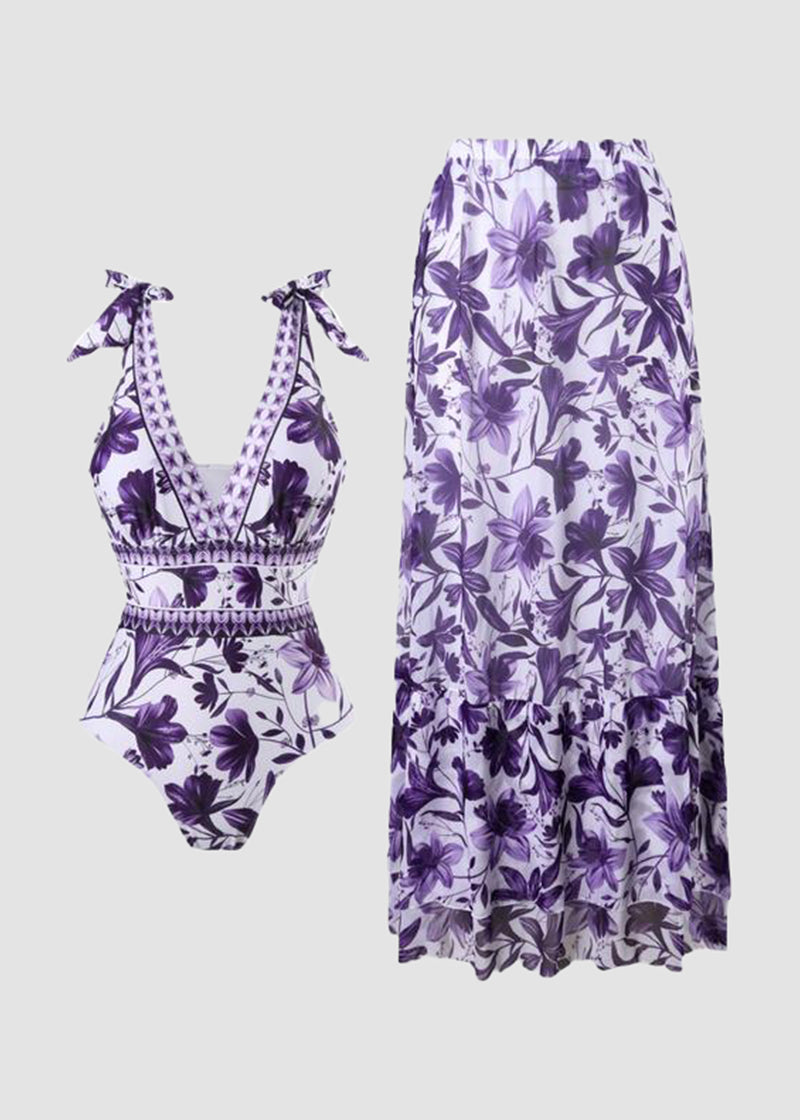 V Neck Lace Up Printed One Piece Swimsuit and Skirt - Seldom Seen Styles