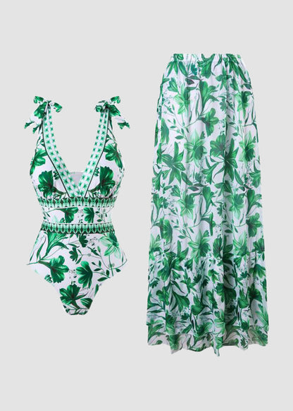 Maillot de Bain Une Pièce Imprimé à Col V et à Lacets avec Jupe