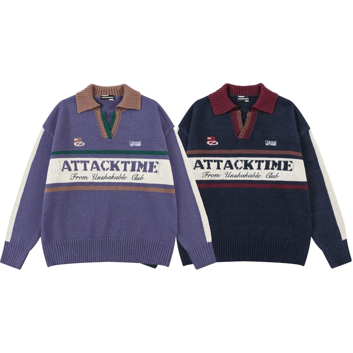 V-Neck Lapel Long Sleeve Color Block Letter Print Knit Sweater Loose Oversized Vintage College Style Autumn Winter Pullover | Attack Knit - Seldom Seen Styles