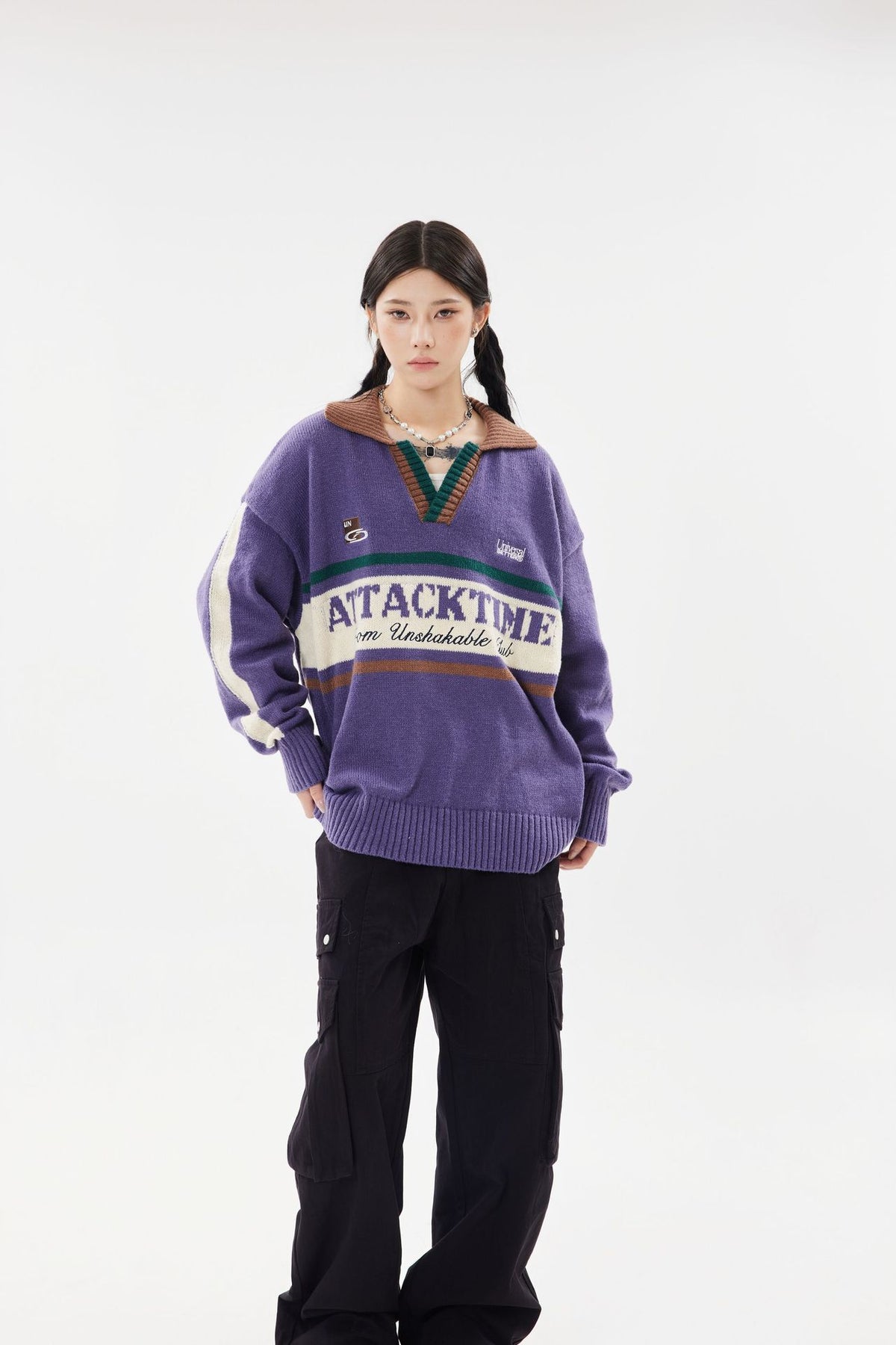 V-Neck Lapel Long Sleeve Color Block Letter Print Knit Sweater Loose Oversized Vintage College Style Autumn Winter Pullover | Attack Knit - Seldom Seen Styles