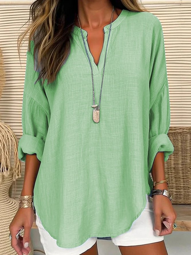 V Neck Long Sleeve Plain Regular Loose Shirt For Women - Seldom Seen Styles