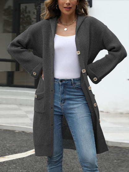 V-Neck LooseWomen's Hooded Button Down Cardigan 2025 Fall Long Sleeve Knit Sweater, Casual Chunky Open Front Oversized Outerwear