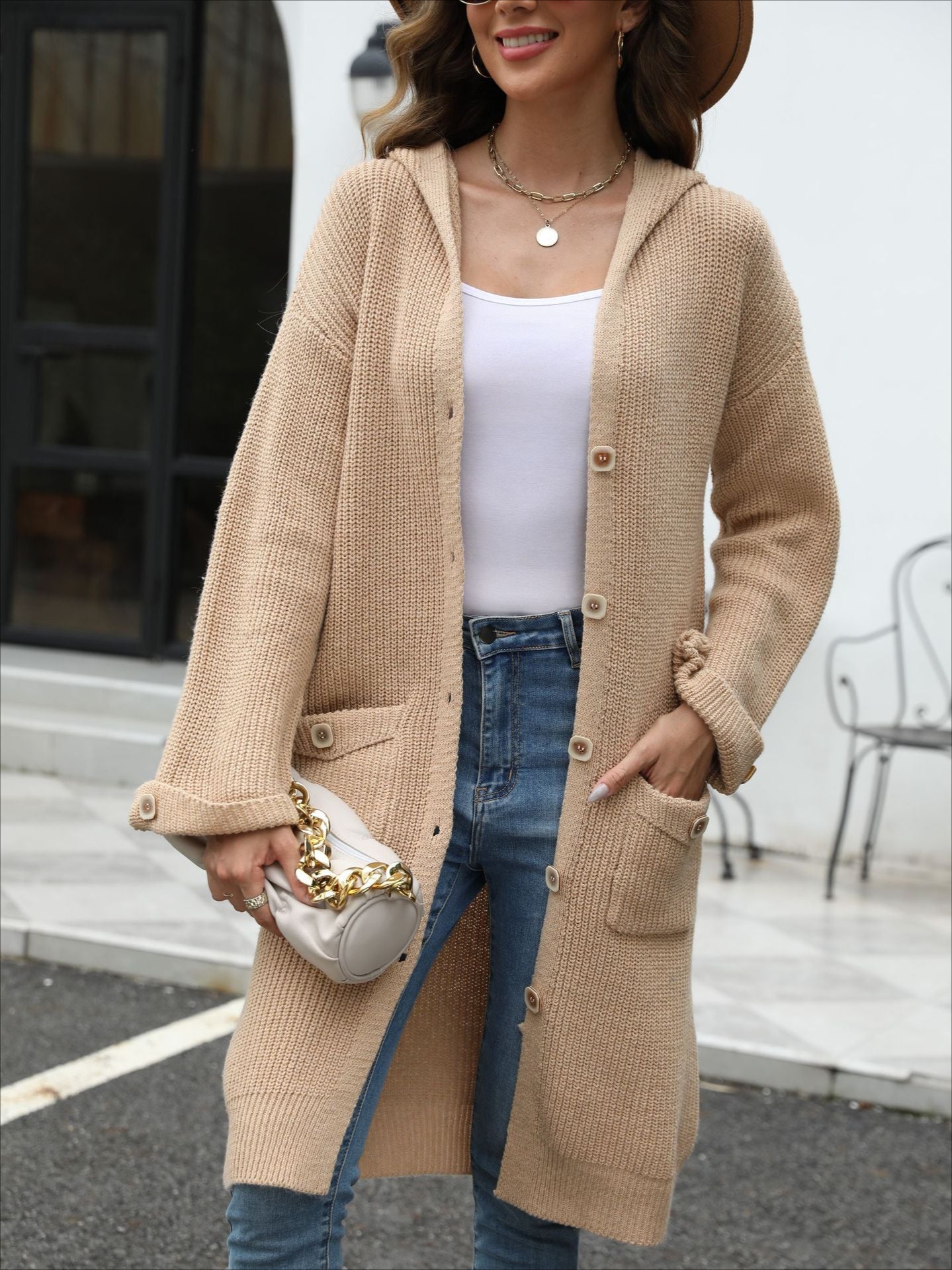 V-Neck LooseWomen's Hooded Button Down Cardigan 2025 Fall Long Sleeve Knit Sweater, Casual Chunky Open Front Oversized Outerwear - Seldom Seen Styles