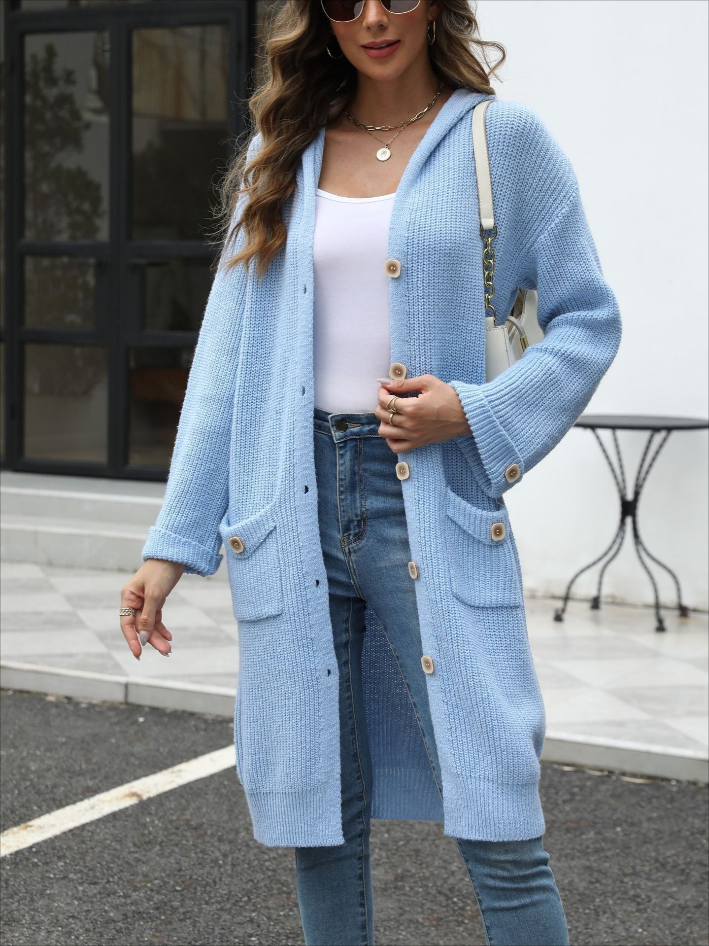 V-Neck LooseWomen's Hooded Button Down Cardigan 2025 Fall Long Sleeve Knit Sweater, Casual Chunky Open Front Oversized Outerwear - Seldom Seen Styles