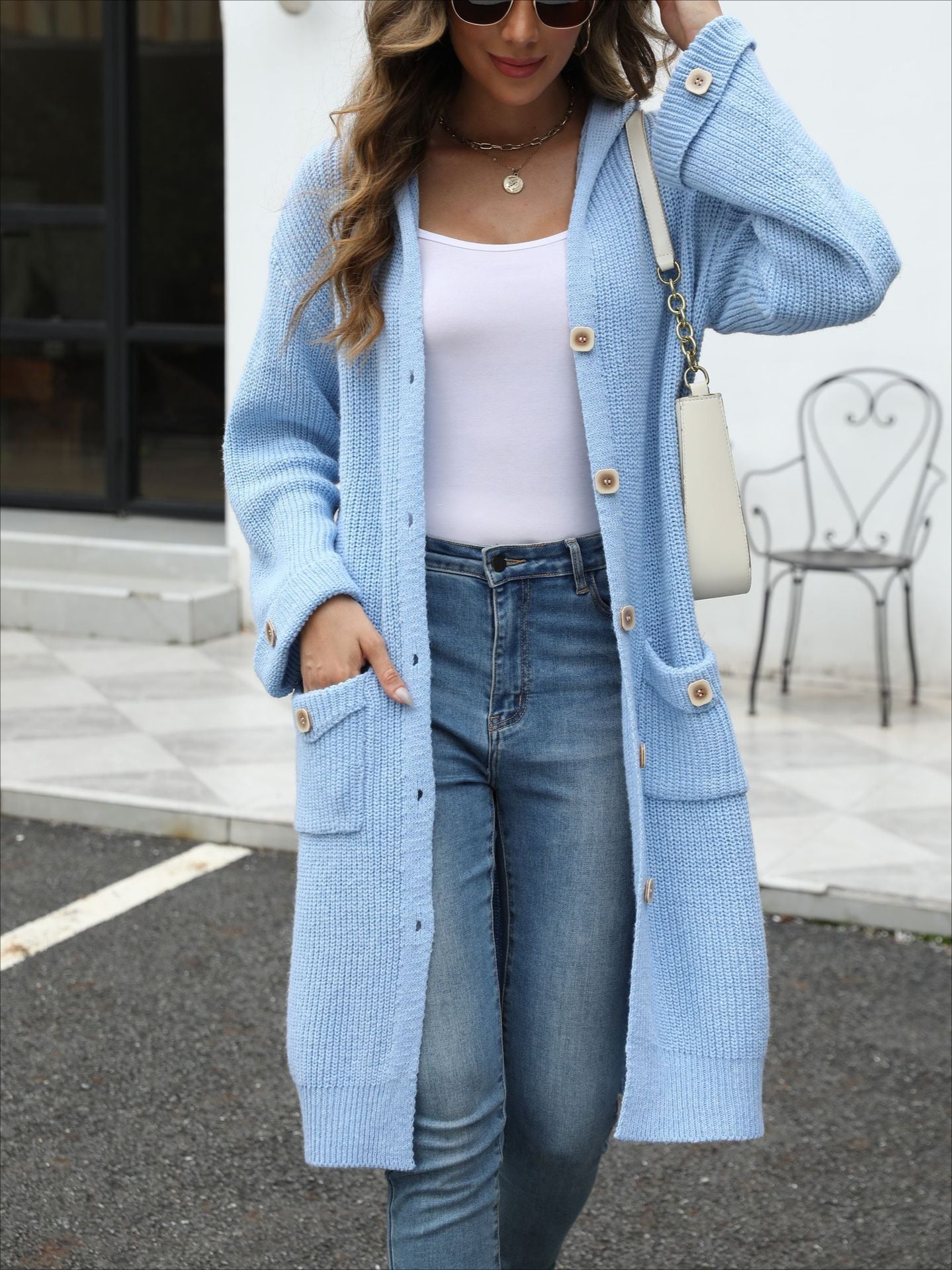 V-Neck LooseWomen's Hooded Button Down Cardigan 2025 Fall Long Sleeve Knit Sweater, Casual Chunky Open Front Oversized Outerwear - Seldom Seen Styles