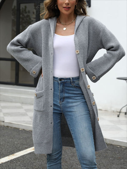 V-Neck LooseWomen's Hooded Button Down Cardigan 2025 Fall Long Sleeve Knit Sweater, Casual Chunky Open Front Oversized Outerwear