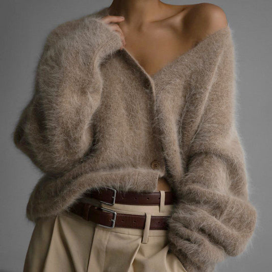 V-Neck Mink Wool Womens Fuzzy Mohair Cardigan Open Front Button Down V Neck Long Sleeve Sweater Slouchy Drop Shoulder Knit Coat - Seldom Seen Styles
