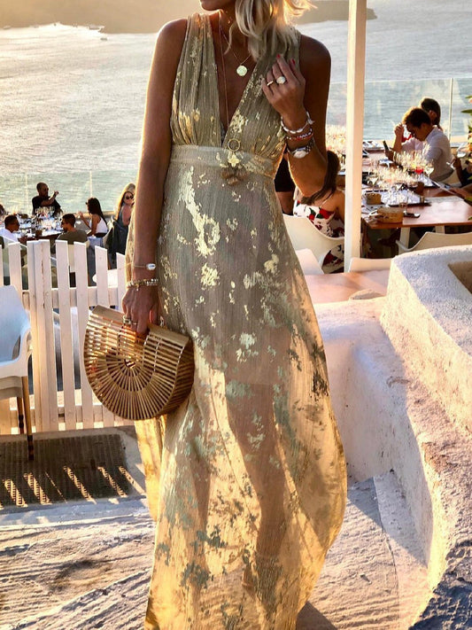 V-Neck Print Hot Stamping Maxi Dress - Seldom Seen Styles