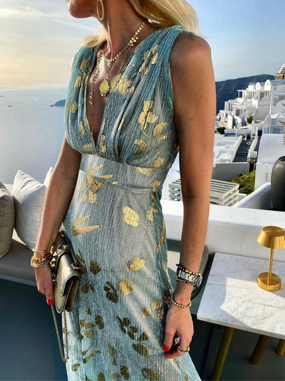 Robe longue à col en V imprimée et estampée à chaud