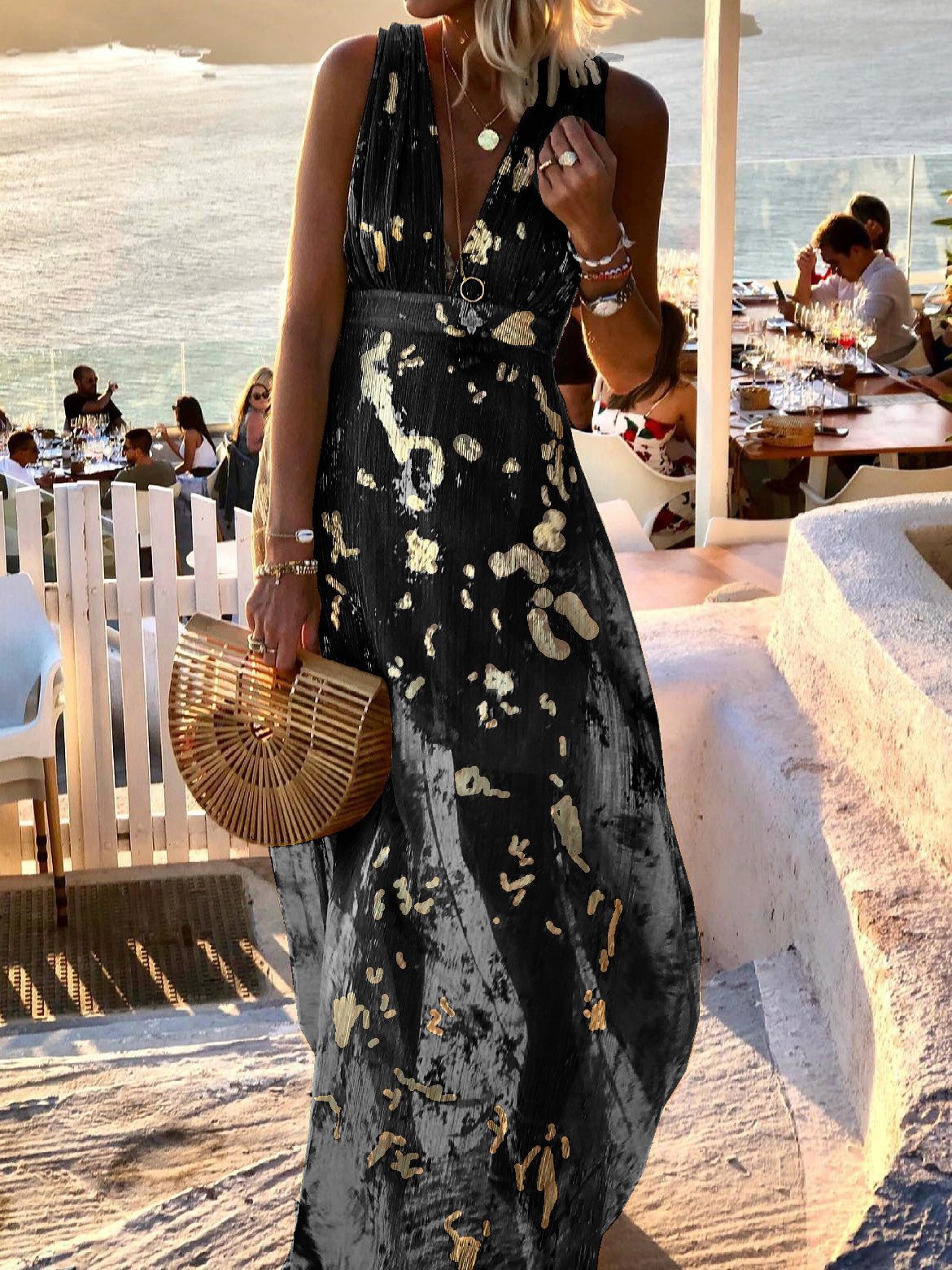 V-Neck Print Hot Stamping Maxi Dress - Seldom Seen Styles