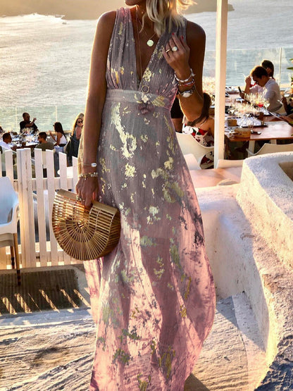 Robe longue à col en V imprimée et estampée à chaud
