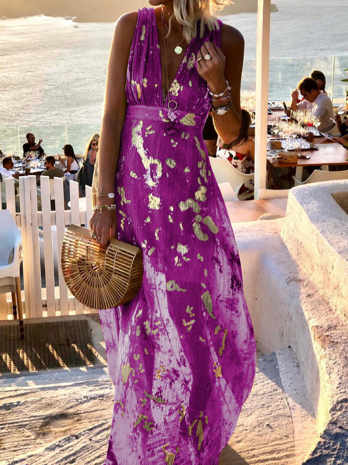 V-Neck Print Hot Stamping Maxi Dress - Seldom Seen Styles