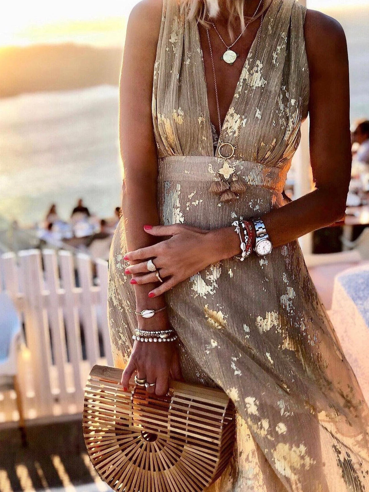 V-Neck Print Hot Stamping Maxi Dress - Seldom Seen Styles
