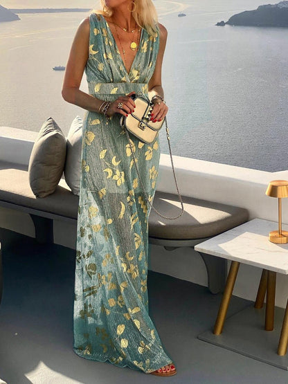 Robe longue à col en V imprimée et estampée à chaud