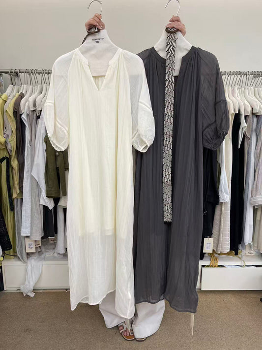 V-Neck Puff Sleeve Loose Flowy Maxi Dress with Woven Belt Included Crinkle Texture Elegant Casual Summer Dress White Dark Grey - Seldom Seen Styles