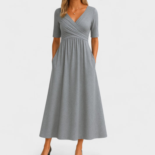 V Neck Wedding Guest Dresses for Women Short Sleeve Pleated Dress with Pockets Boho Sun Dress for Beach Vacation - Seldom Seen Styles