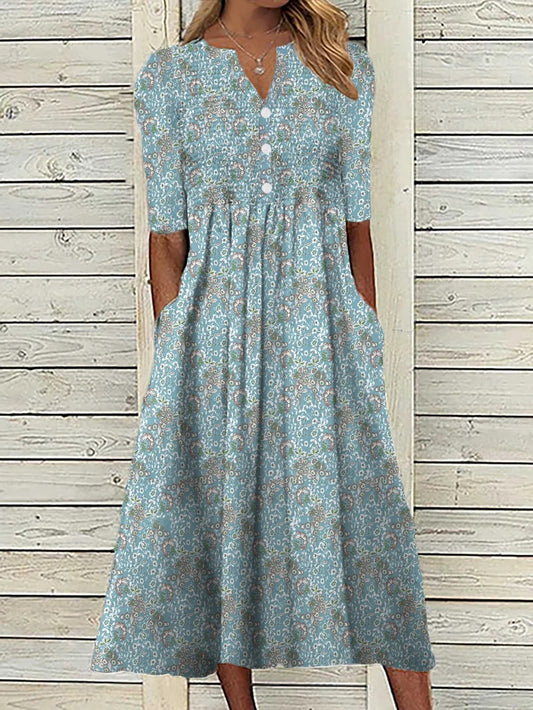 V-neck Casual Loose Floral Vacation Half Sleeve Midi Dress - Seldom Seen Styles