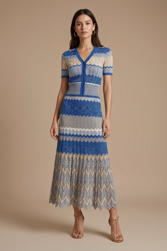 V-neck Color-block Wave Striped Sweater Pleated Mid-length Skirt Set - Seldom Seen Styles