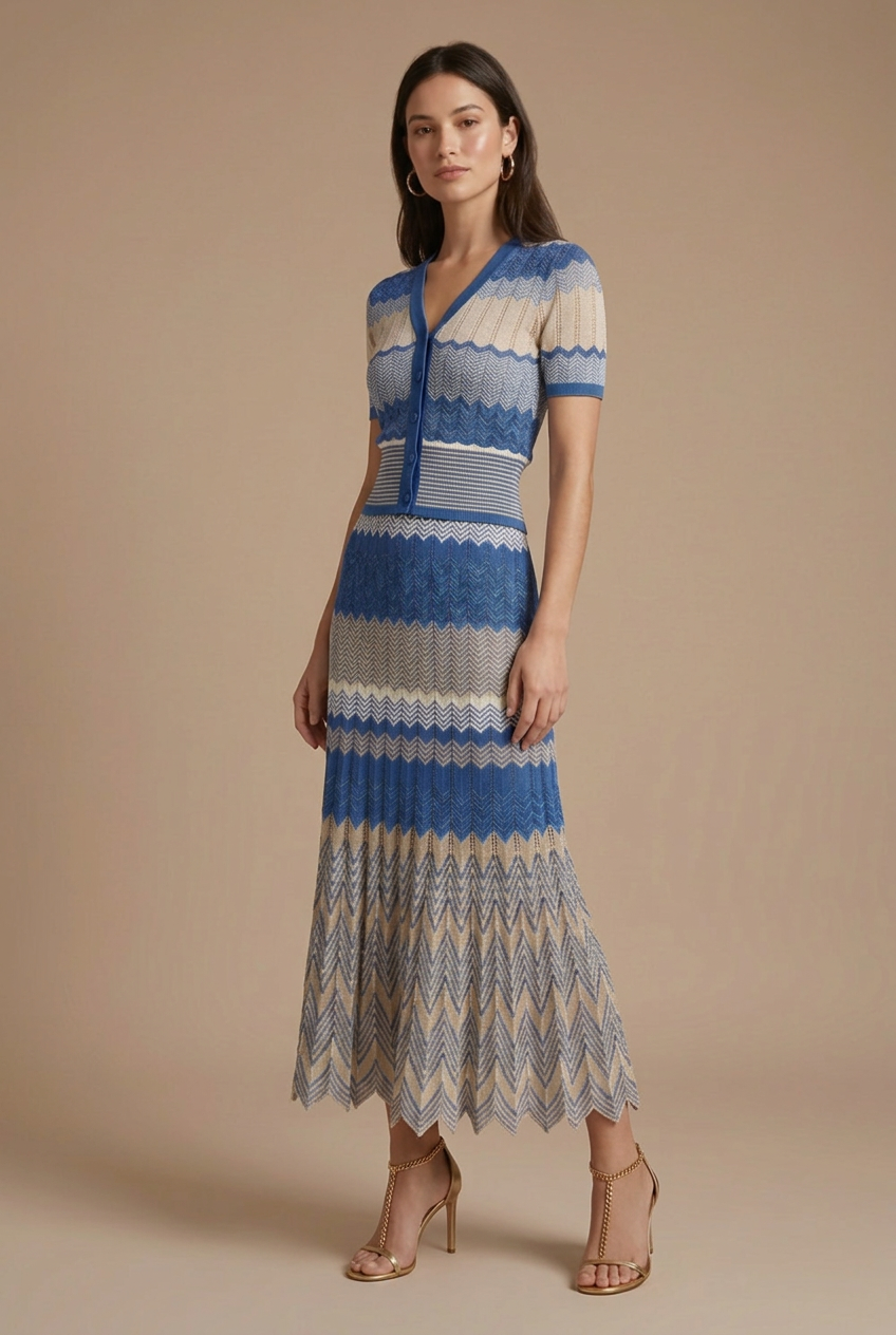 V-neck Color-block Wave Striped Sweater Pleated Mid-length Skirt Set - Seldom Seen Styles