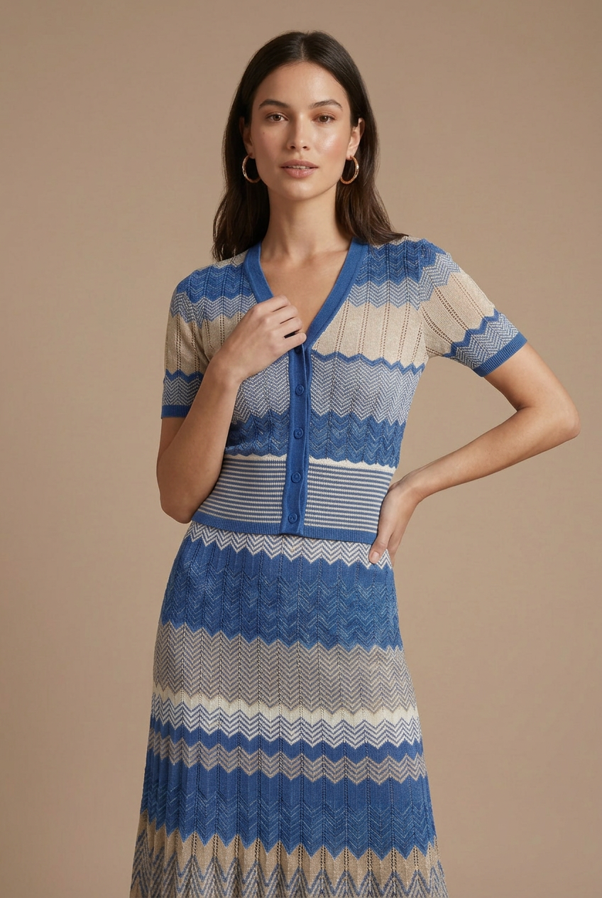 V-neck Color-block Wave Striped Sweater Pleated Mid-length Skirt Set - Seldom Seen Styles