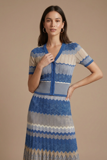 V-neck Color-block Wave Striped Sweater Pleated Mid-length Skirt Set