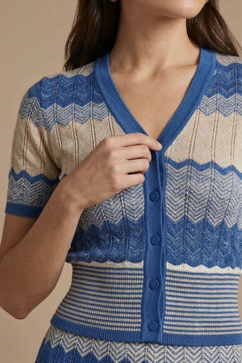 V-neck Color-block Wave Striped Sweater Pleated Mid-length Skirt Set - Seldom Seen Styles
