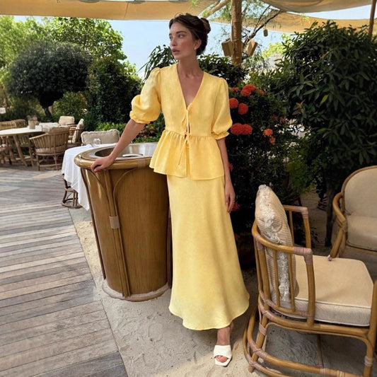 V-neck short-sleeved skirt set, summer new ruffle leaf edge short-sleeved skirt set - Seldom Seen Styles