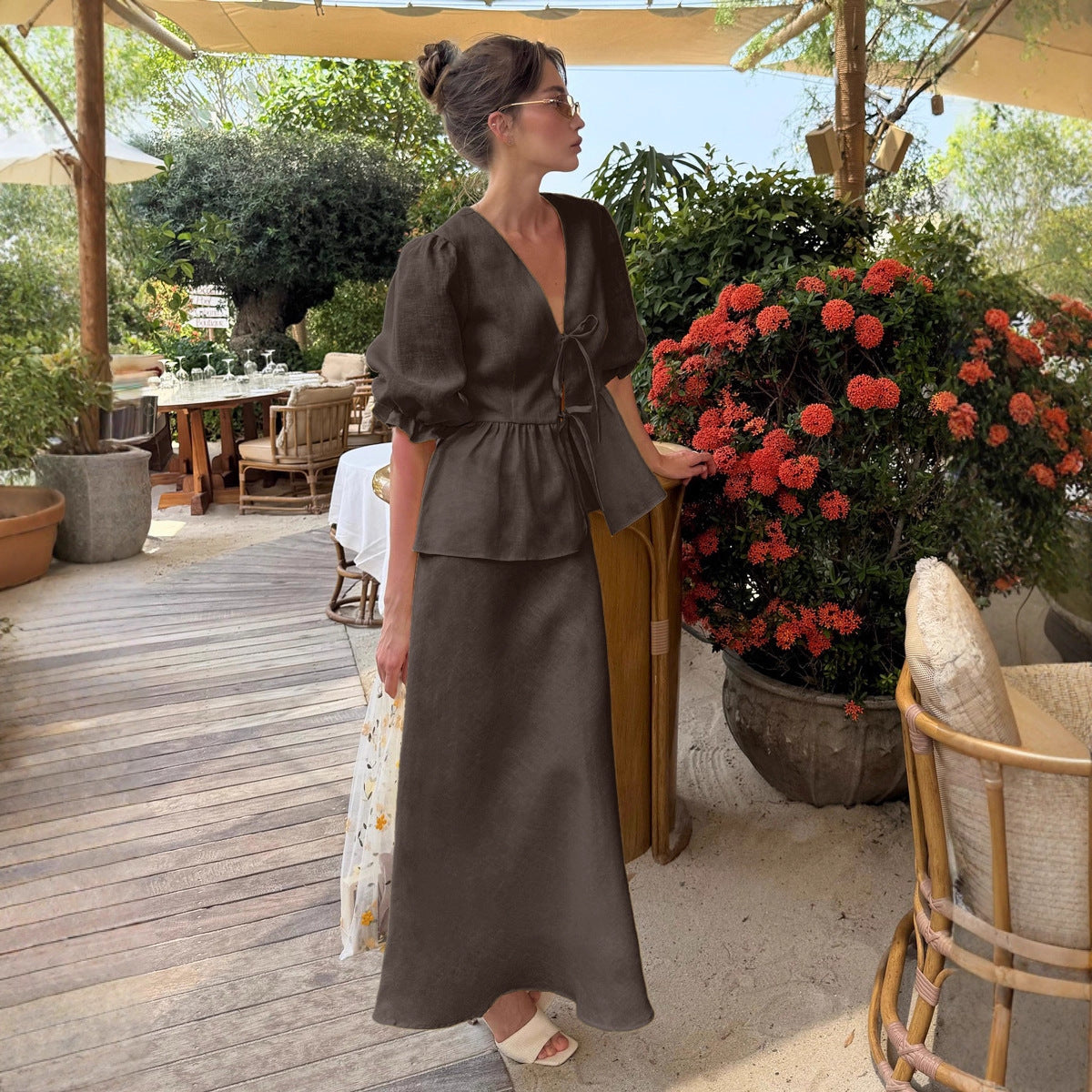 V-neck short-sleeved skirt set, summer new ruffle leaf edge short-sleeved skirt set - Seldom Seen Styles
