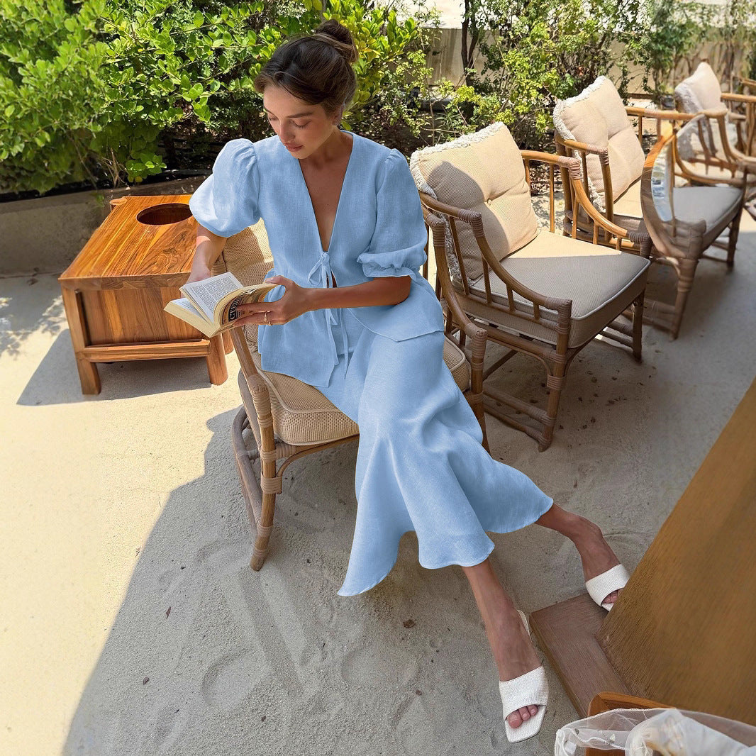 V-neck short-sleeved skirt set, summer new ruffle leaf edge short-sleeved skirt set - Seldom Seen Styles