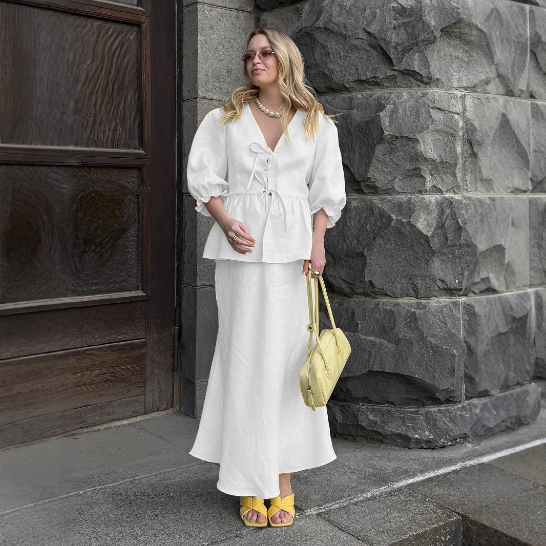 V-neck short-sleeved skirt set, summer new ruffle leaf edge short-sleeved skirt set - Seldom Seen Styles