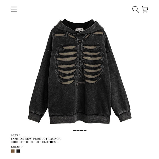 VANCARHELL Skeleton Ribcage Acid Wash Hoodie - Seldom Seen Styles