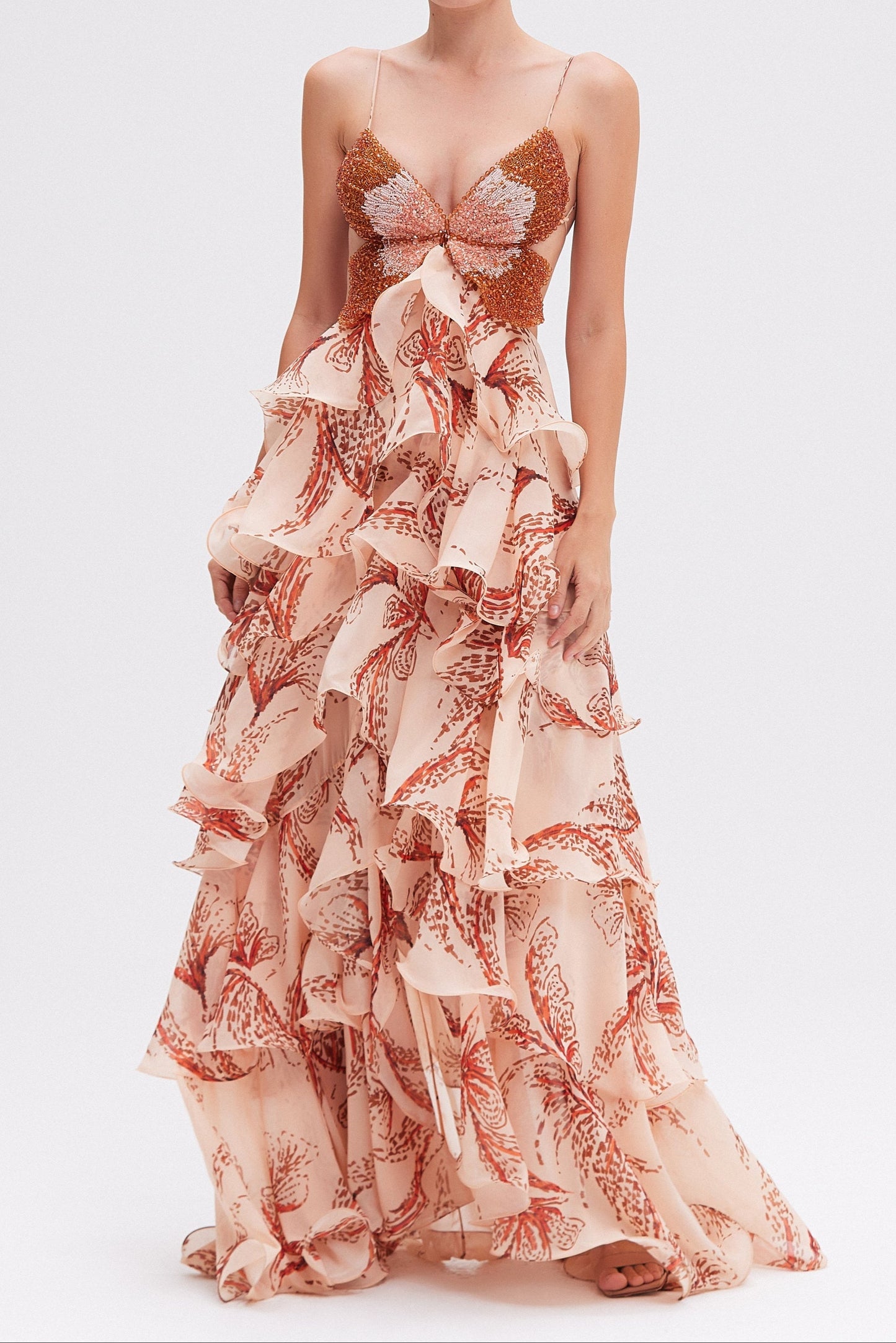 gloria sunset butterfly ruffle layer maxi dress