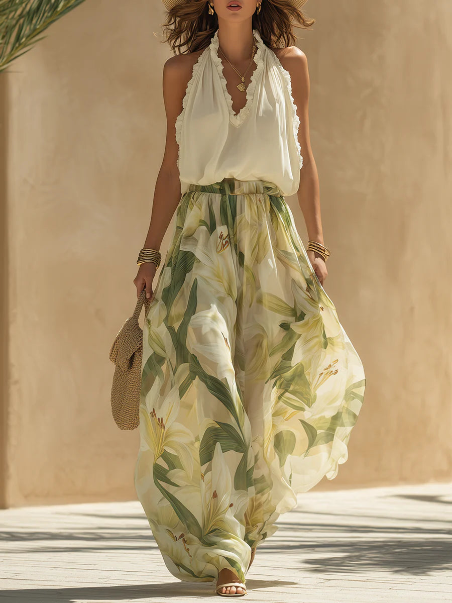 Vacation Chiffon Ruffled Sleeveless Top And Lily Print Pants Set - Seldom Seen Styles
