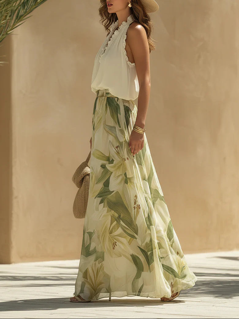 Vacation Chiffon Ruffled Sleeveless Top And Lily Print Pants Set - Seldom Seen Styles