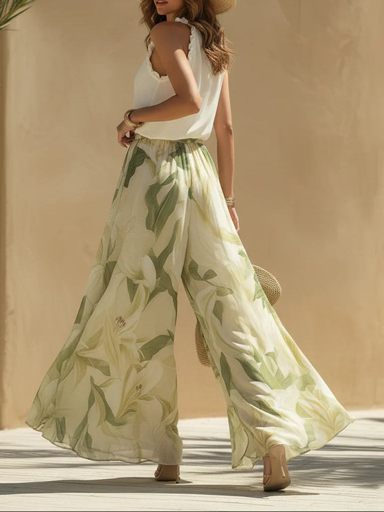 Vacation Chiffon Ruffled Sleeveless Top And Lily Print Pants Set - Seldom Seen Styles