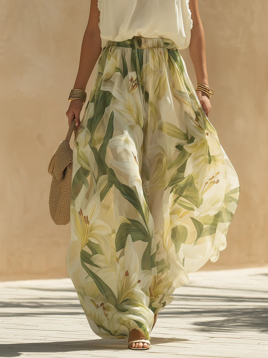 Vacation Chiffon Ruffled Sleeveless Top And Lily Print Pants Set - Seldom Seen Styles