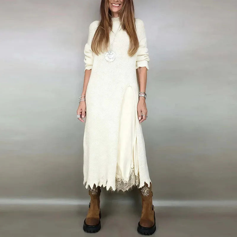 Valérie Set with Charming Satin Dress and Long Handcrafted Knit Sweater / Timeless Sophistication in Every Detail! - Seldom Seen Styles