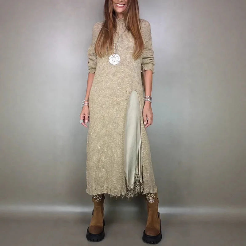 Valérie Set with Charming Satin Dress and Long Handcrafted Knit Sweater / Timeless Sophistication in Every Detail! - Seldom Seen Styles