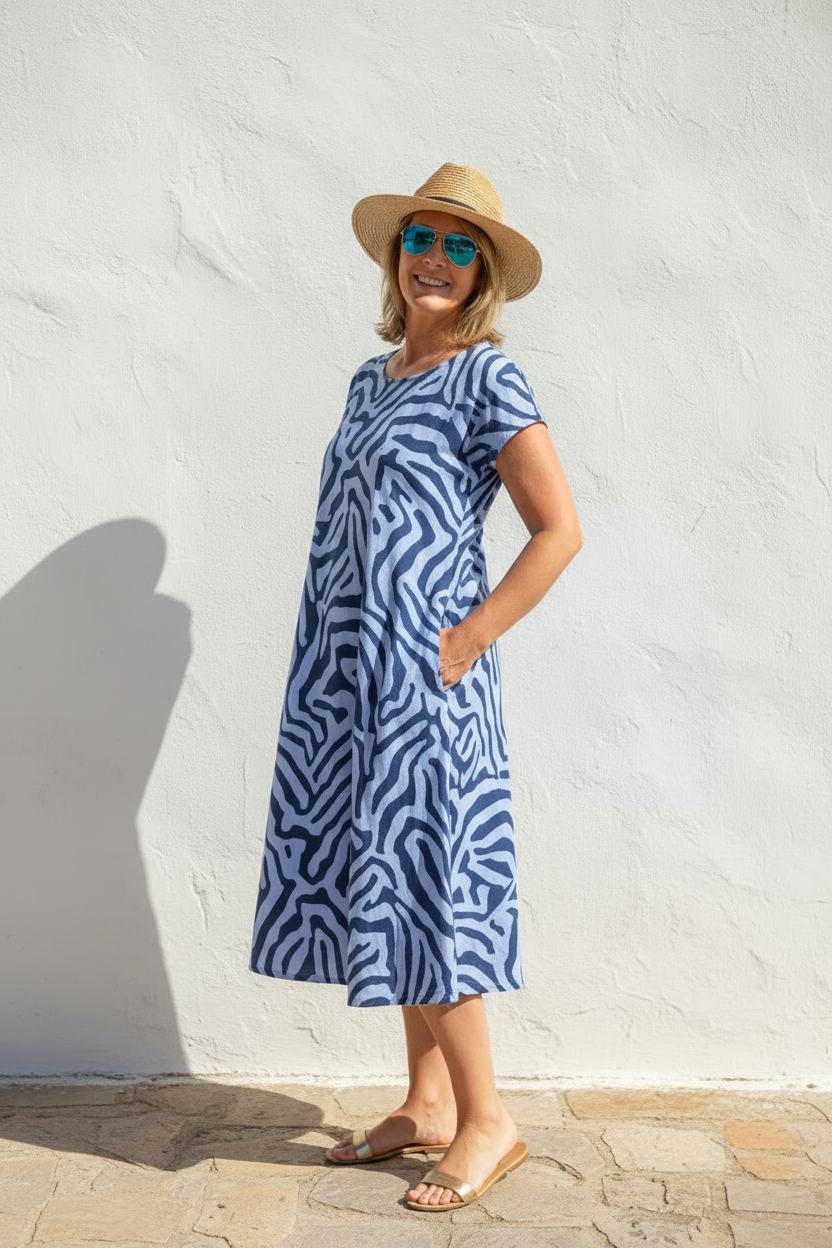 Vestido Alba - Silueta PerfectaWomen's A Line Midi Dress Short Sleeve Casual Loose Fit Printed Dress with Pockets - Seldom Seen Styles