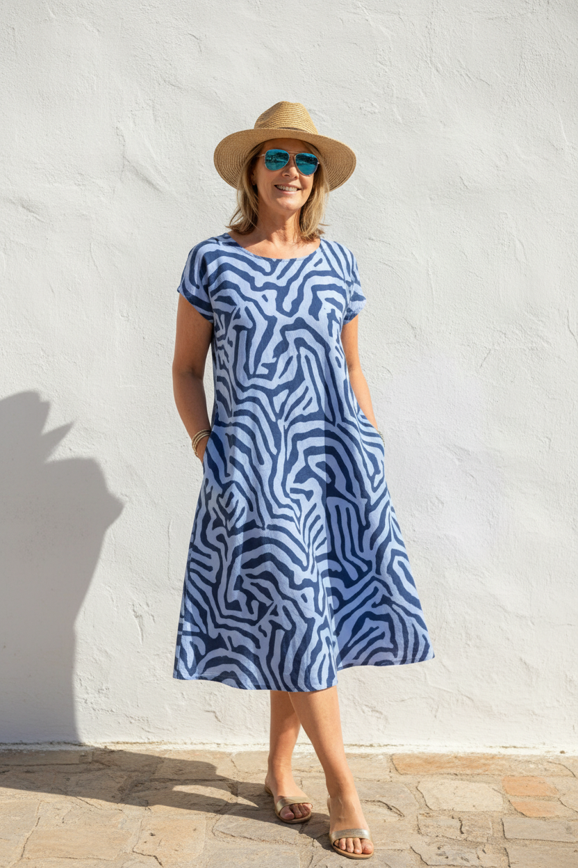 Vestido Alba - Silueta PerfectaWomen's A Line Midi Dress Short Sleeve Casual Loose Fit Printed Dress with Pockets - Seldom Seen Styles