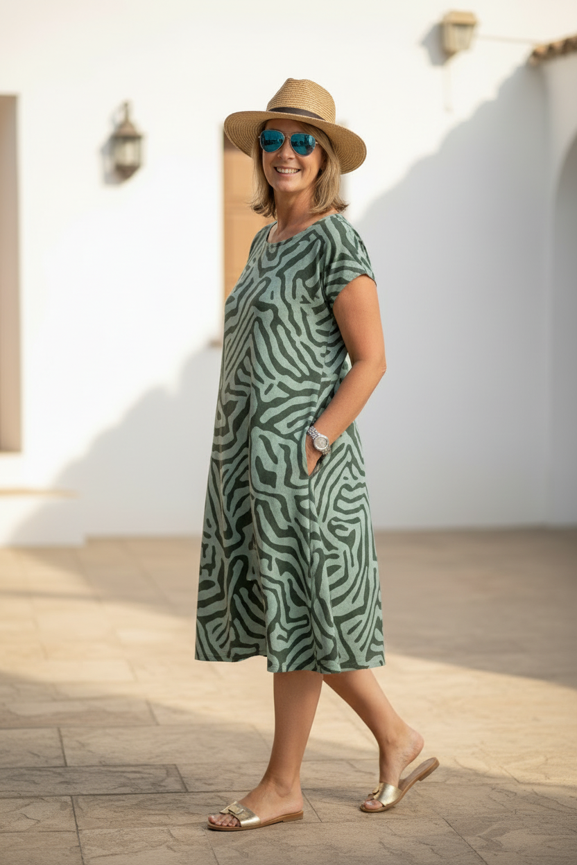 Vestido Alba - Silueta PerfectaWomen's A Line Midi Dress Short Sleeve Casual Loose Fit Printed Dress with Pockets - Seldom Seen Styles