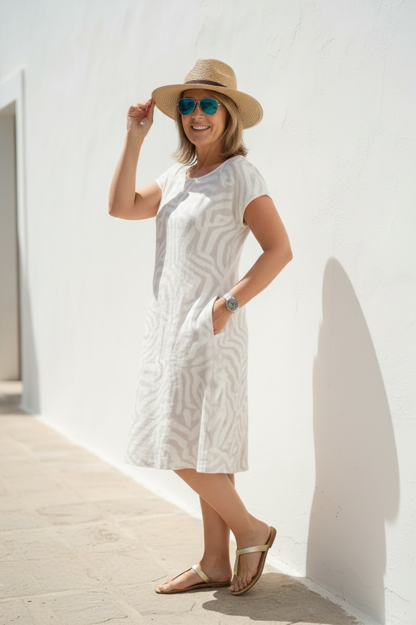 Vestido Alba - Silueta PerfectaWomen's A Line Midi Dress Short Sleeve Casual Loose Fit Printed Dress with Pockets - Seldom Seen Styles