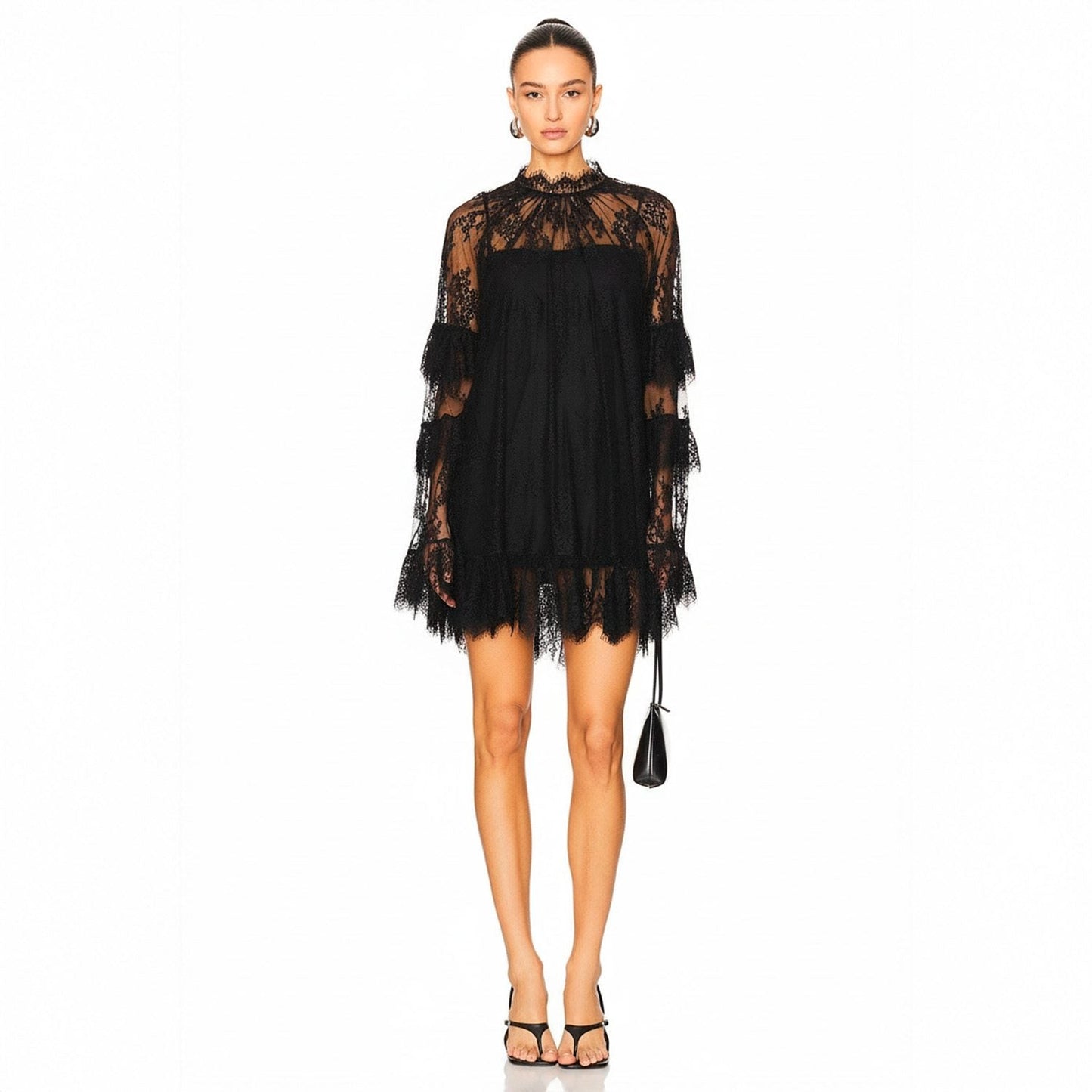 Vestido Curto de Renda com Manga Longa e Transparência – Chantal VIEUX OFICIAL