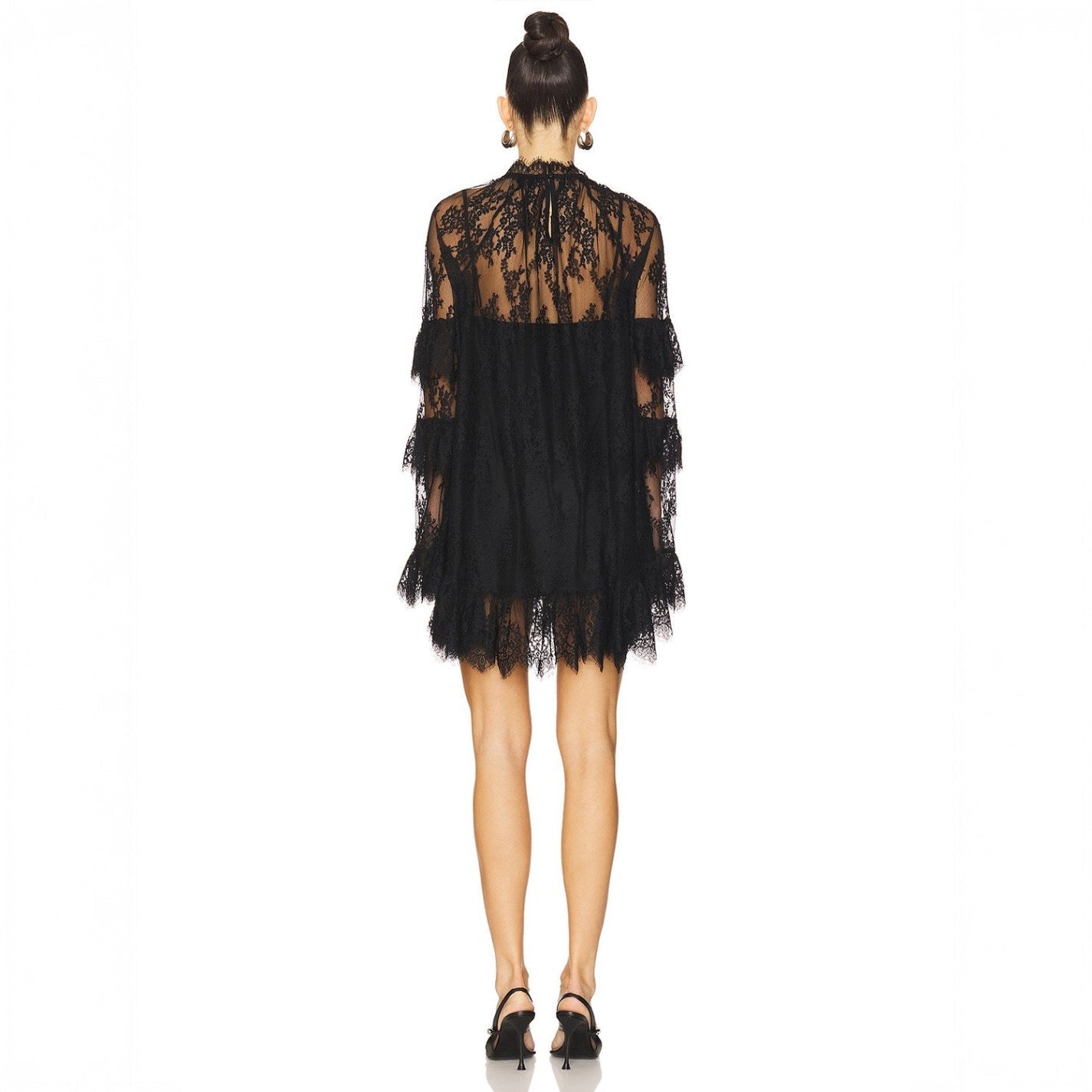 Vestido Curto de Renda com Manga Longa e Transparência – Chantal VIEUX OFICIAL