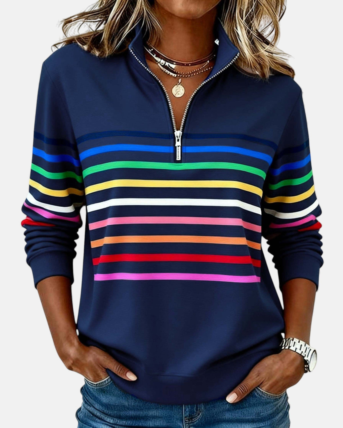 Vienna | Rainbow Striped Zip Sweatshirt - Seldom Seen Styles