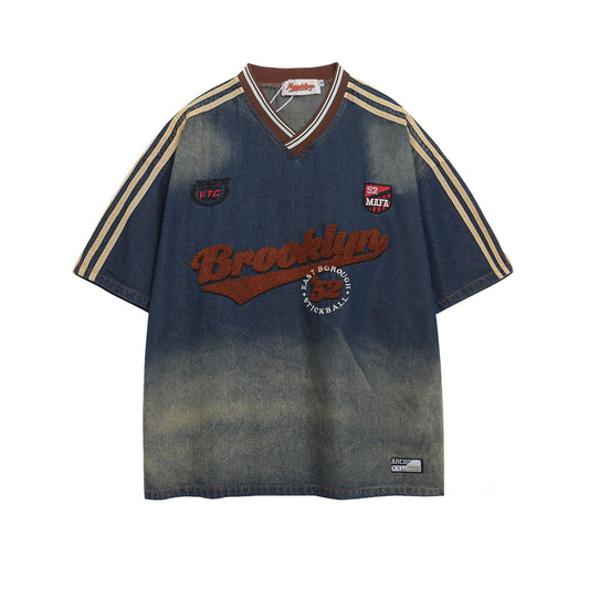 Vintage Brooklyn Ombre Denim Shirt 或 Denim Embroidered Letter Loose Shirt - Seldom Seen Styles