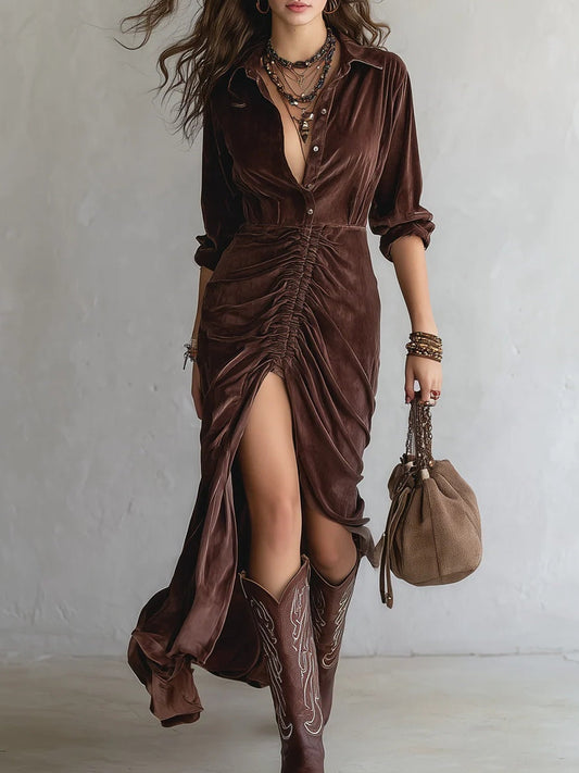 Vintage Button-stitched Pleated Velvet Midi Dress - Seldom Seen Styles