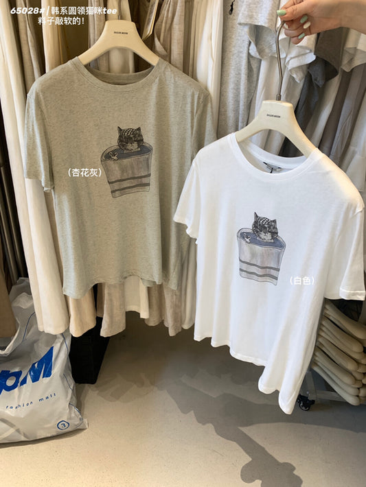 Vintage Cat Graphic T-Shirt – Cute Kitten Print Loose Fit Casual Korean Style Tee - Seldom Seen Styles